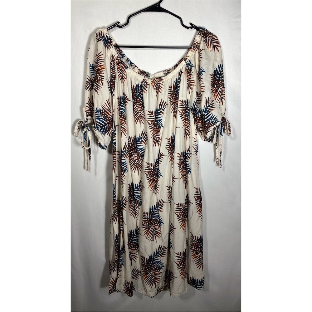 Cassee's Women's 2X White Dress Brown Green Palm Leaves Plus Size